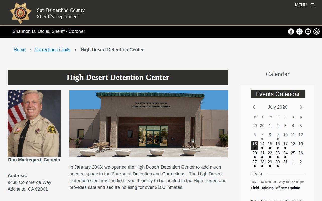 High Desert Detention Center official facility information page