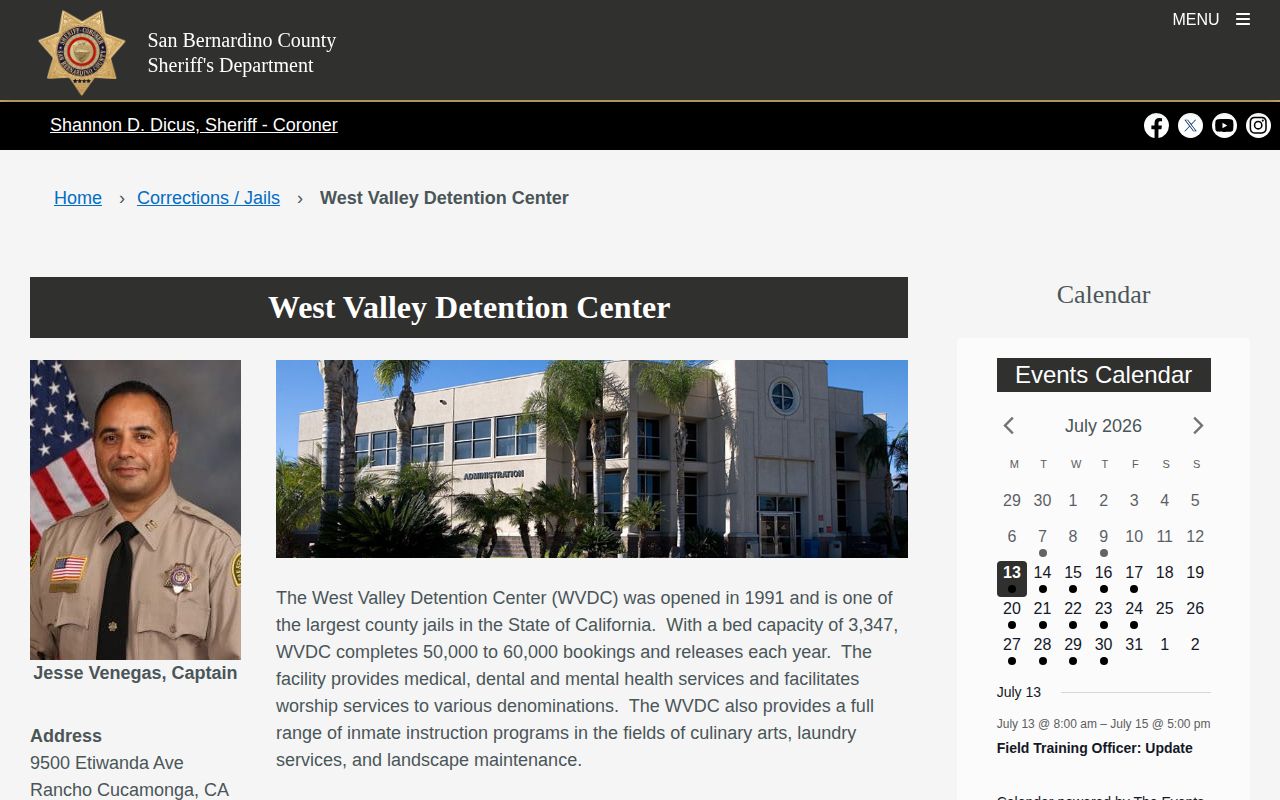 West Valley Detention Center official facility information page